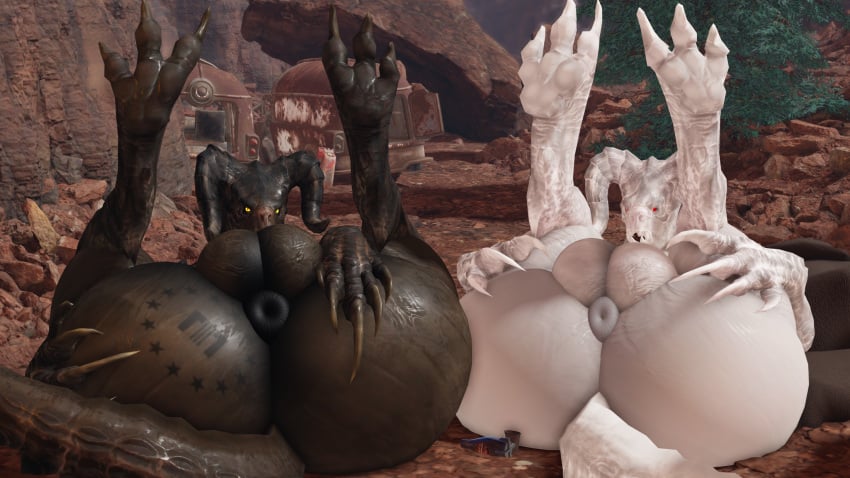 albino anthro anus ass balls big_balls big_butt branded deathclaw duo enclaw_(willie_piv) fallout genitals goris_(fallout) hi_res horn legs_up lying male microsoft on_back outside puffy_anus red_eyes scalie tail willie_piv yellow_eyes