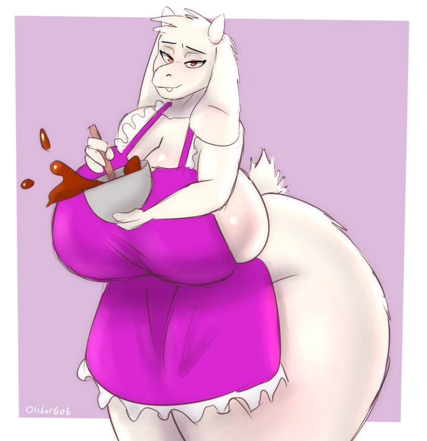 anthro apron apron_only ass baking bedroom_eyes big_breasts big_butt bovid breasts caprine clothing cooking female goat hi_res huge_breasts huge_butt looking_at_viewer mammal narrowed_eyes oliburgob seductive solo thick_thighs toriel undertale_(series) wide_hips