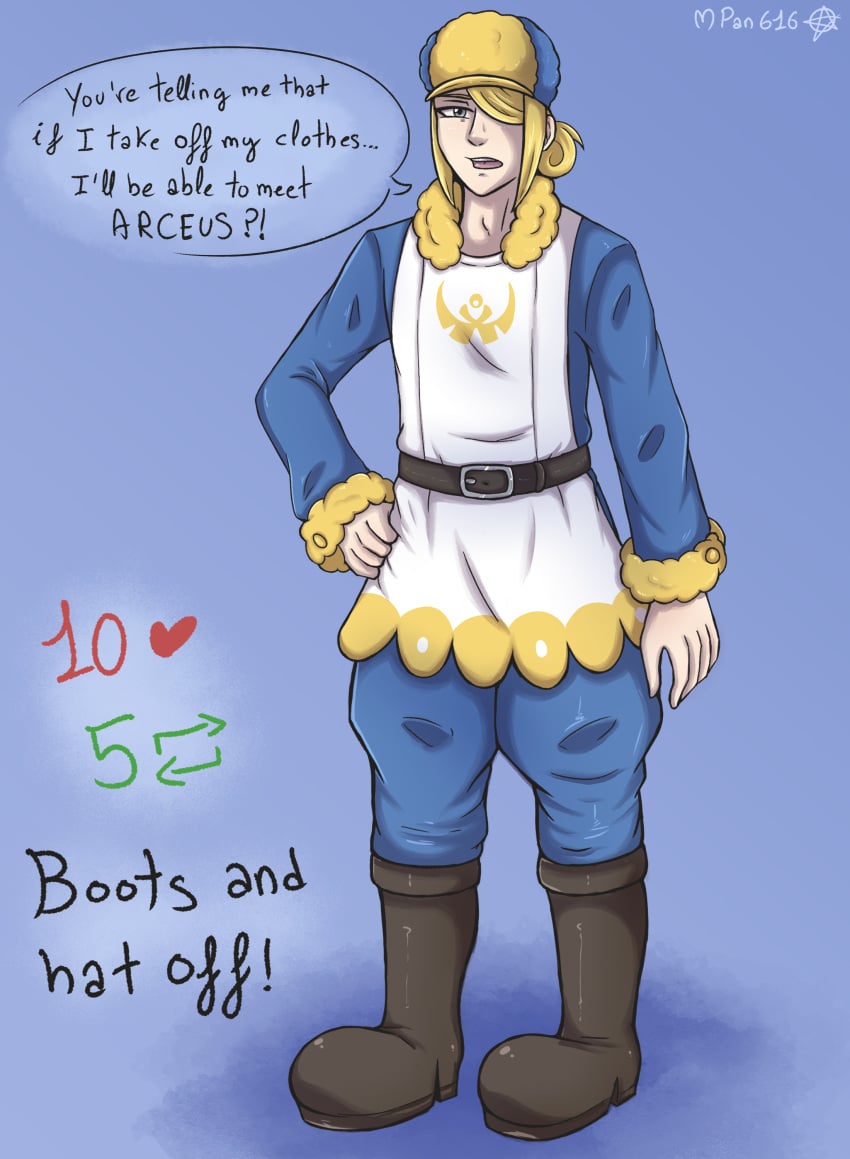 arceus blonde_hair boots cap clothed digital_media_(artwork) grey_eyes hair_bun hat human light-skinned_male male male_only merchant one_eye_covered pokemon pokemon_legends:_arceus solo strip_game villain volo_(pokemon) yellow_hair