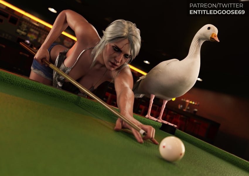 4k absurd_res beak big_breasts billiard_table breasts ciri dutch_angle entitledgoose female goose green_eyes highres light-skinned_female looking_at_viewer mascara playing_pool scar snooker_table solo the_witcher_(series) the_witcher_3:_wild_hunt what white_feathers white_hair