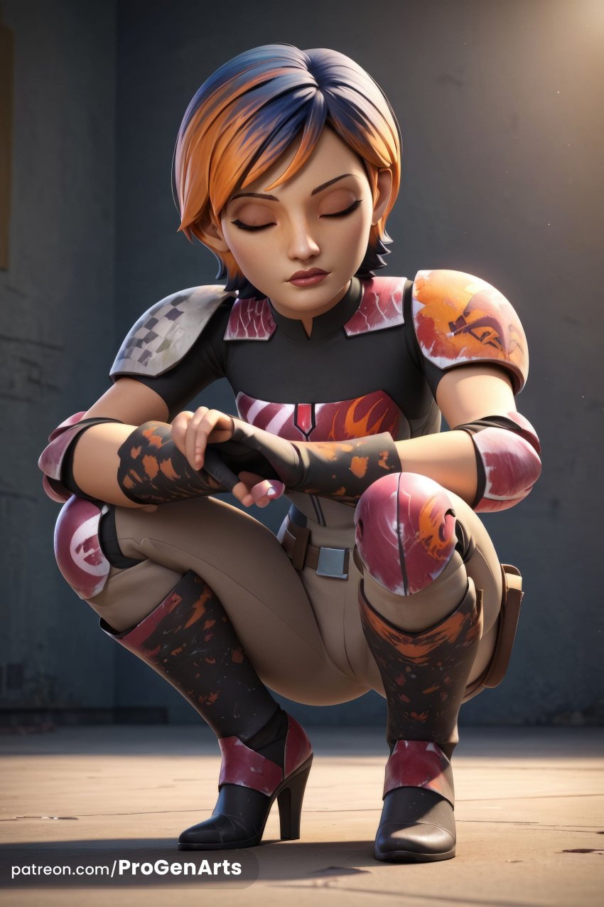 1girls ai_generated armor belt black_gloves black_hair boots closed_eyes disney_xd elbow_pads fingerless_gloves full_body gloves hi_res high_heel_boots high_heels knee_pads lips lucasfilm makeup multicolored_hair nose orange_hair pants progenarts realistic sabine_wren short_hair shoulder_armor shoulder_pads solo squatting star_wars star_wars_rebels two-tone_hair web_address