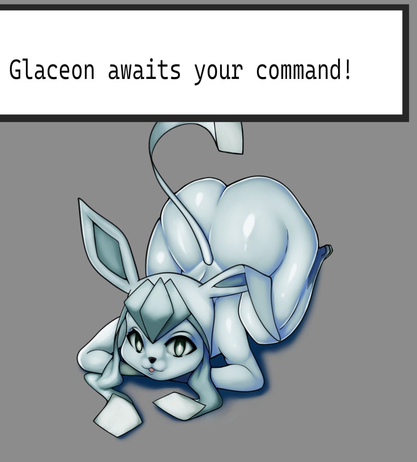 2021 ambiguous_gender anthro ass ass_up biped black_nose black_text blue_body blue_tail digital_media_(artwork) eeveelution english_text exclamation_point generation_4_pokemon glaceon grey_background hi_res lying nintendo on_front on_ground open_mouth pokemon pokemon_(species) shadow simple_background sleepyspirit solo tail text text_box white_sclera