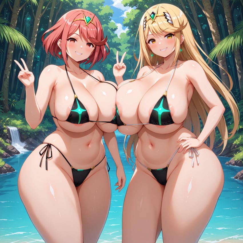 ai_generated bikini boobs_bigger_than_head boobs_pressed curvy_figure gigantic_breasts mythra mythra_(xenoblade) pyra pyra_(xenoblade) smug_grin thick_thighs xenoblade_(series)