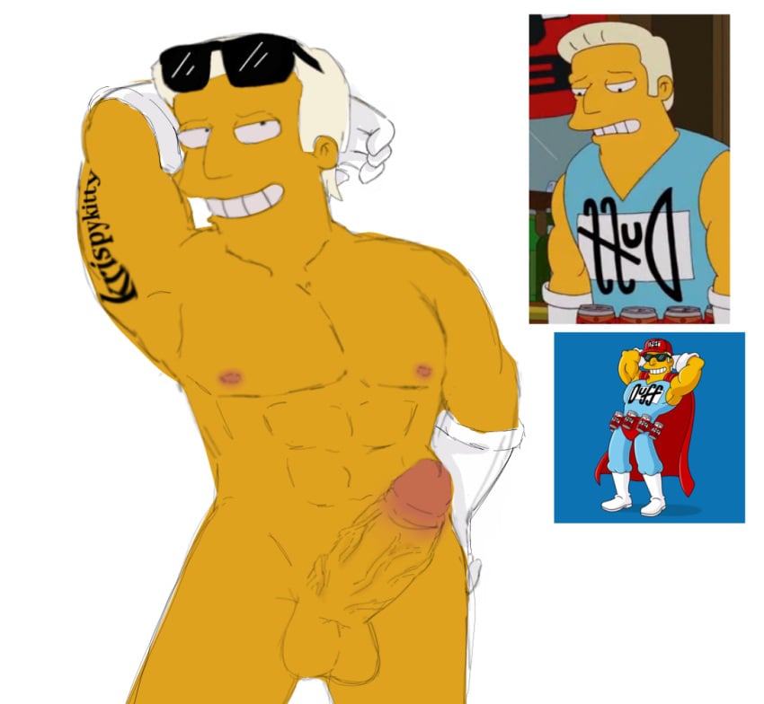 1male abs blonde_hair cock duff_beer duff_man duffman eyewear_on_head flexing_bicep male_focus muscles naked pose simpsons smirk sunglasses teeth the_simpsons veiny_penis