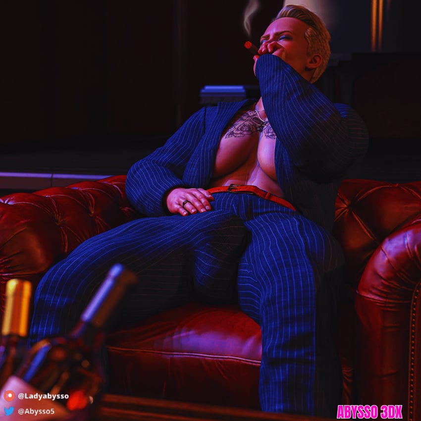 3d 3d_(artwork) abs areola_slip areolae big_breasts big_bulge blonde_hair breasts bulge cigar cleavage clothed clothing futa_only futanari gangster ladyabysso muscular muscular_futanari penis_outline pinstripe_pattern pinstripe_suit russian short_hair sitting smoking solo solo_futa suit tattoo