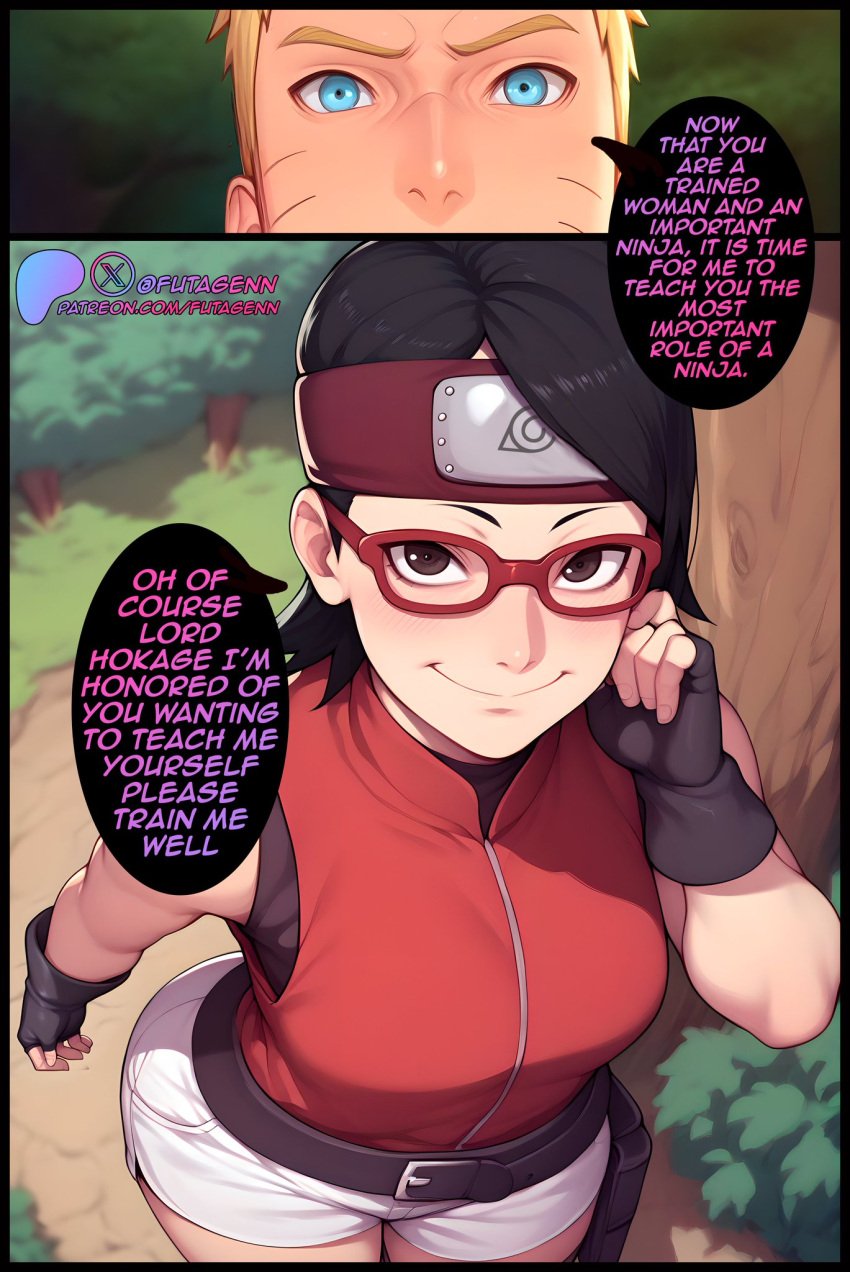 1boy 1boy1girl 1girls adult_and_teenager age_difference ai_generated before_sex black_hair blonde_hair boruto:_naruto_next_generations cheating cheating_girlfriend cheating_husband english_text female forest futagenn glasses hi_res imminent_sex male naruto_(series) naughty naughty_face naughty_smile netorare ntr older_male older_man_and_teenage_girl outdoors sarada_uchiha speech_bubble text uncensored uzumaki_naruto younger_female