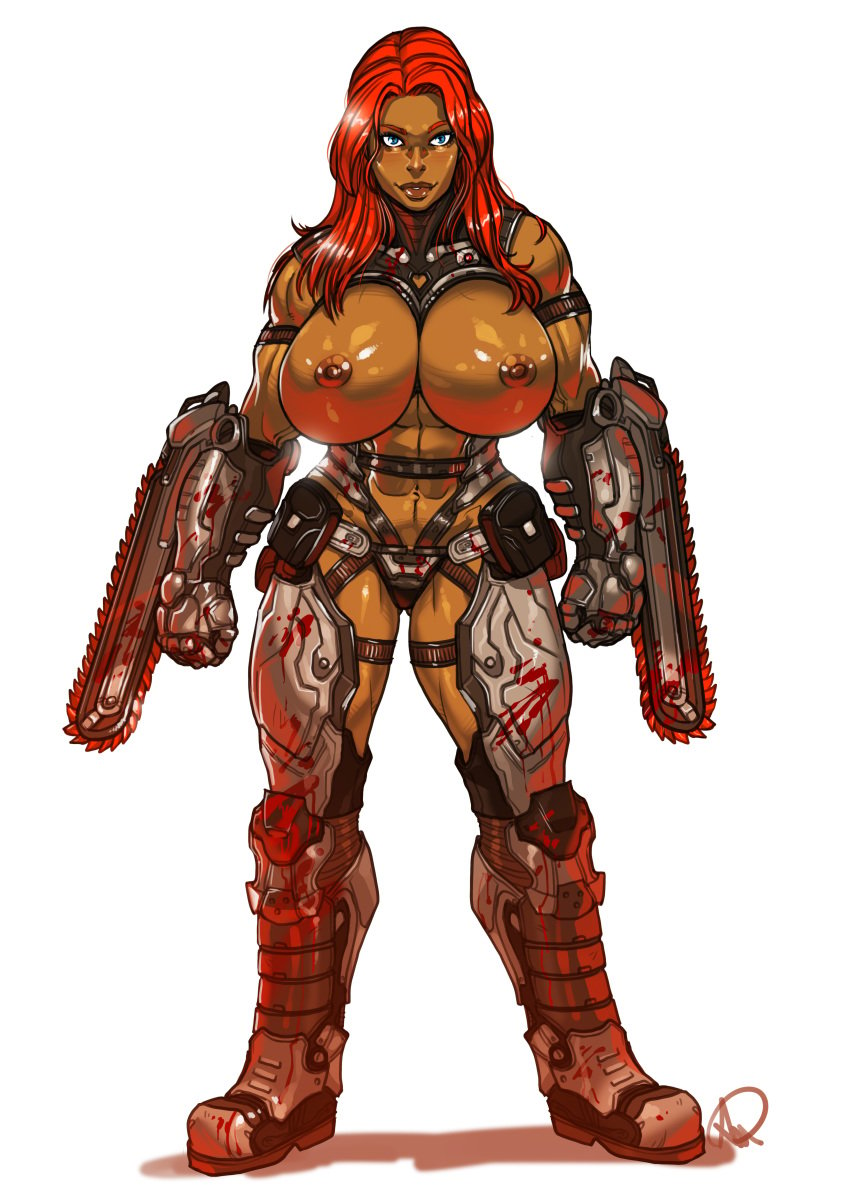 1girls abs areolae armor bare_shoulders big_breasts blood blue_eyes boots bottomless breasts chainsaw dark-skinned_female dark_skin doom doom_slayer_(doom) exposed female ganassa gauntlets gloves greaves helmet large_breasts long_hair looking_at_viewer muscular muscular_female navel nipples red_hair rule_63 solo thick_thighs thighs weapon