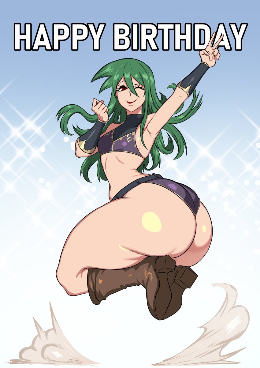 big_ass birthday femboy green_(artist) green_(original) green_hair huge_ass jumping light-skinned_male lipstick long_hair looking_at_viewer looking_back male male_focus male_only pose posing_for_the_viewer presenting_ass red_eyes tagme