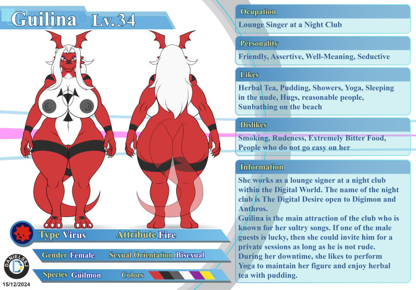 2024 absurd_res anthro anthro_only ass bandai_namco big_breasts big_butt breasts curvy_figure danielssj digimon digimon_(species) english_text female genitals guilina_(lucedo) guilmon hair hi_res huge_breasts model_sheet navel non-mammal_breasts nude pussy red_body solo text thick_thighs voluptuous white_body white_hair wide_hips