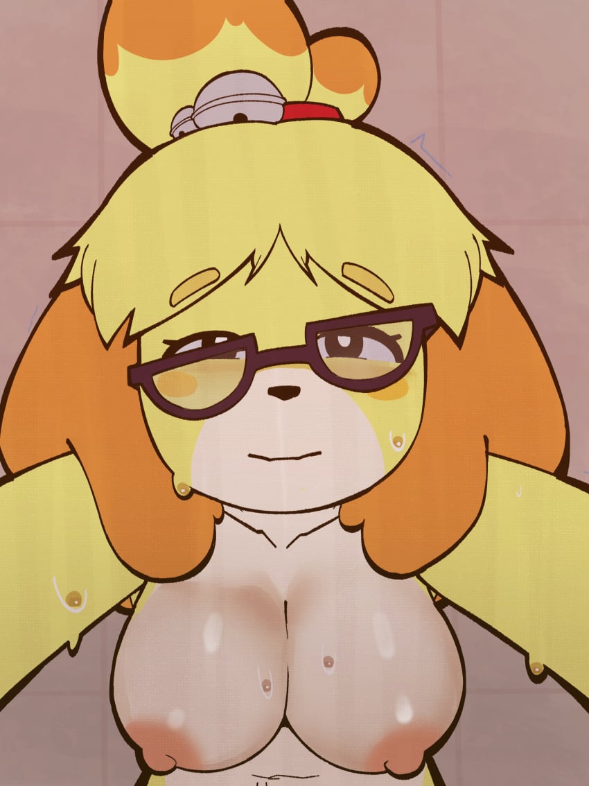 1girls animal_crossing anthro areolae breasts canine eyebrows_visible_through_hair female female_only fur furry garydayshey glasses half-closed_eyes isabelle_(animal_crossing) looking_at_viewer nipples solo solo_female solo_focus sweat sweating tied_hair upper_body video_games yellow_body yellow_fur