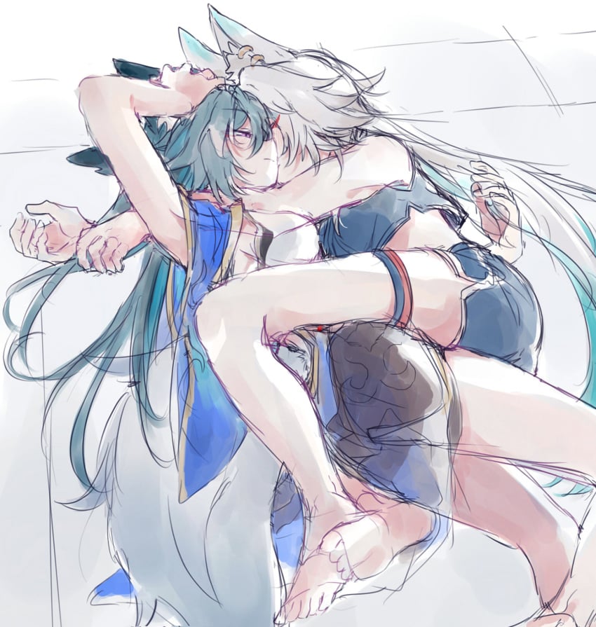 asleep clothed feixiao_(honkai:_star_rail) fox_ears fudfudddd honkai:_star_rail honkai_(series) hoyoverse leg_lock legs_wrapped_around_partner purple_eyes sleeping straddling teal_hair white_hair yukong_(honkai:_star_rail) yuri