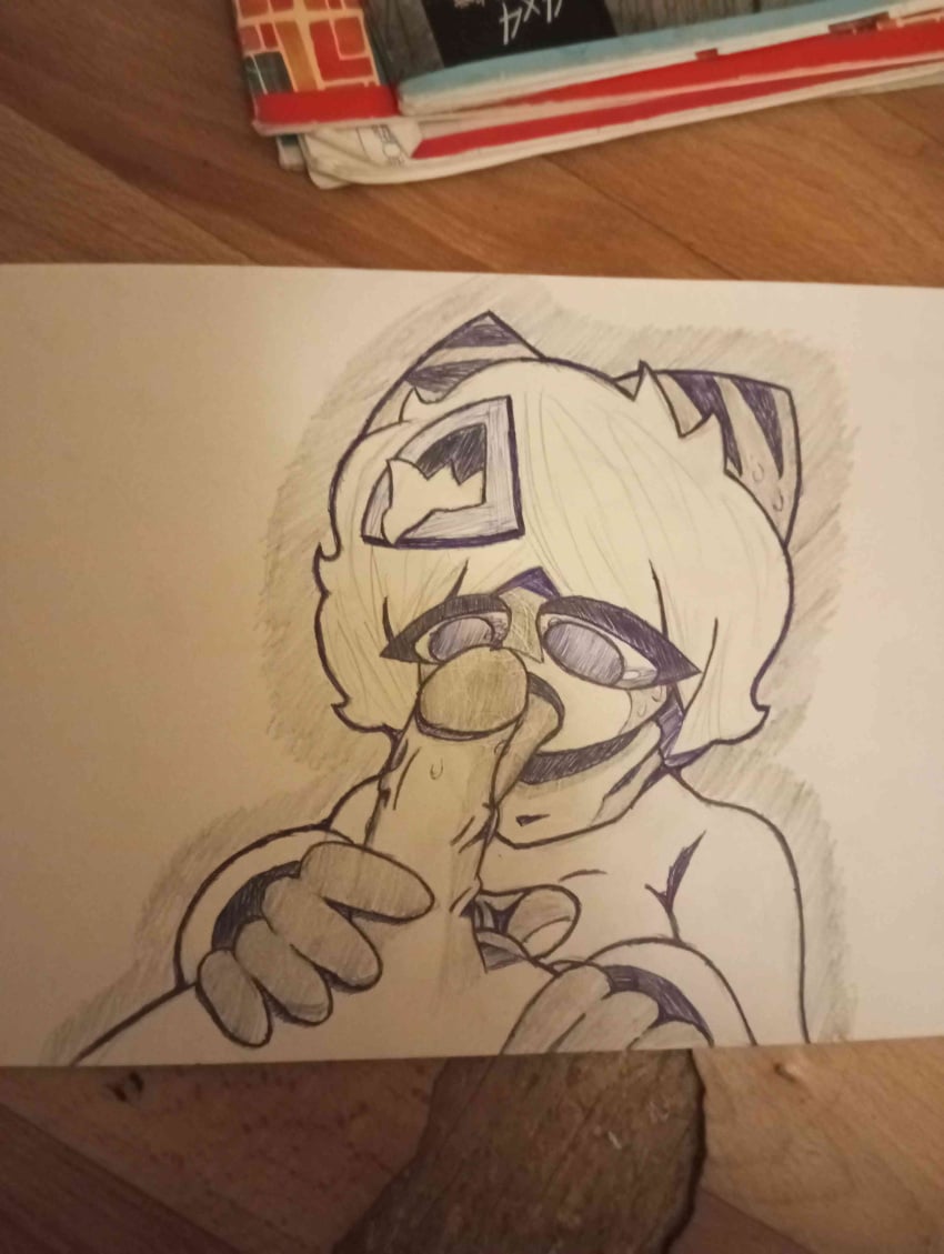 blowjob blowjob_face blush boob_window clothing deltarxt fluffy furry handjob hot huge_breasts oc original_character sexy shark sucking tiger_shark traditional_art traditional_media_(artwork) white_hair