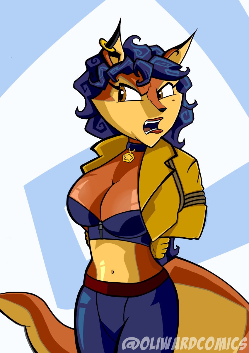 anthro big_breasts bondage carmelita_fox fox huge_breasts large_breasts oliwardcomics police rope rope_bondage rope_harness shiny_skin sly_cooper sly_cooper_(series) smooth_fur tight_clothes