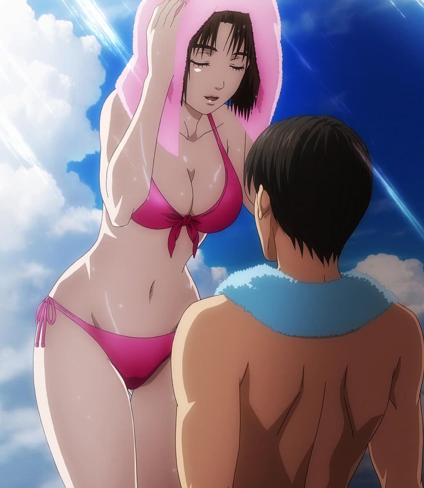 1boy anime_screenshot beach bikini breasts brown_hair cleavage closed_eyes cloud collarbone day ecchi_san female female_focus front-tie_top fujiwara_takumi highres initial_d initial_d_legend_1 legs lips medium_breasts mogi_natsuki natsuki_mogi navel outdoors pink_bikini pov short_hair side-tie_bikini_bottom sky solo_focus stitched swimsuit tagme thighs third-party_edit towel water wet wet_clothes