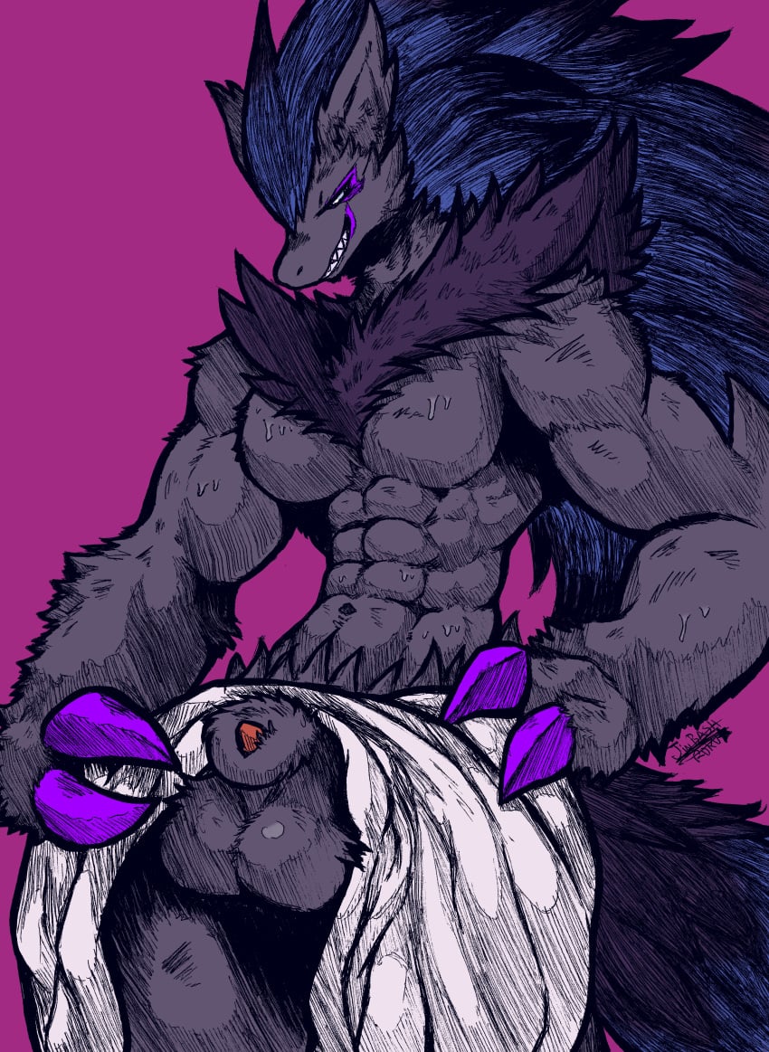 abs absurd_res animal_genitalia anthro balls bodily_fluids canid canine fluffy fox game_freak generation_5_pokemon genitals hatching_(art) hi_res jwbash knot male mammal muscular muscular_male nintendo pecs penis pokemon pokemon_(species) purple_body shaded sheath sketch solo towel towel_around_waist towel_only zoroark