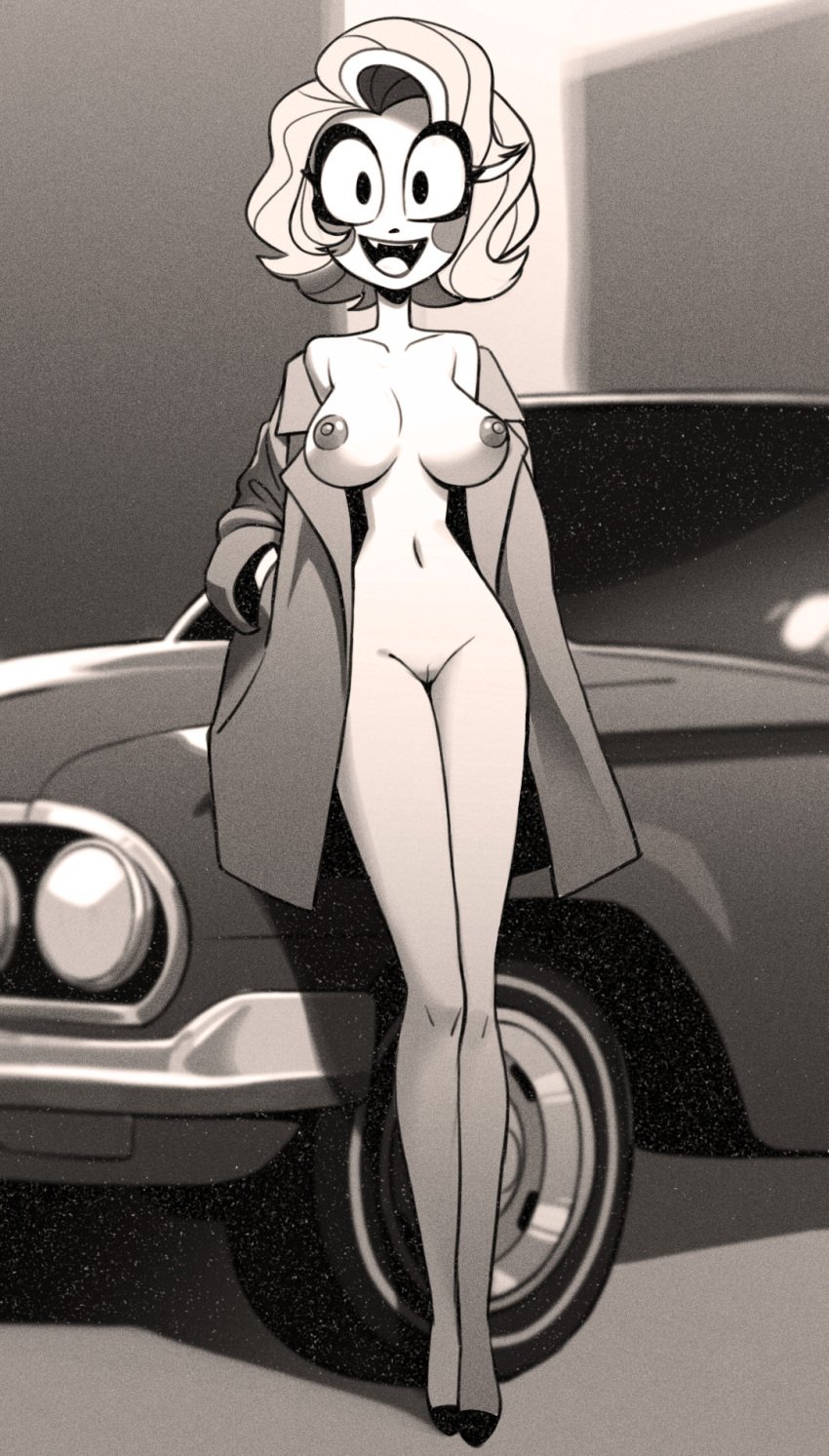 1930s 1girls areolae breasts car charlie_morningstar_(hazbin_hotel) female female_focus female_only hazbin_hotel highres mangamaster mostly_nude nipples parody pinup pussy retro_artstyle solo solo_female solo_focus source_request vagina vehicle