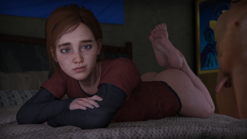 1boy 1girls 3d 3d_(artwork) ass bed brown_hair ellie_(the_last_of_us) ellie_williams erebus3dx feet feet_up female female_focus freckles freckles_on_face looking_at_viewer lying lying_on_bed lying_on_stomach penis petite red_shirt shirt smiling smiling_at_viewer soles teenage_girl teenager the_last_of_us toes