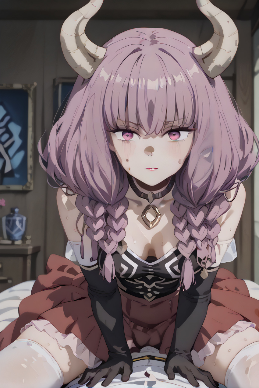 ai_generated aura_(sousou_no_frieren) bangs black_gloves blush braid breasts elbow_gloves eyebrows_visible_through_hair female frieren_beyond_journey's_end gloves horns kurutai long_hair looking_at_viewer pink_hair skirt sousou_no_frieren sweat thighhighs twin_braids twintails white_legwear