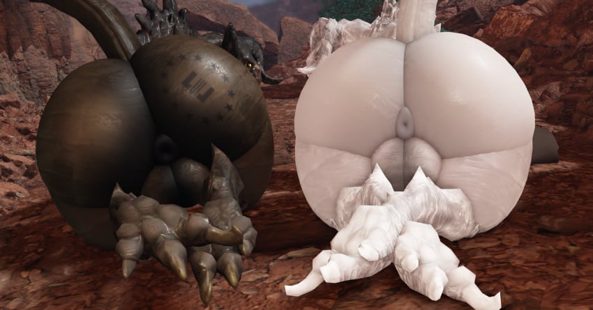 albino anthro anus ass balls big_balls big_butt branded deathclaw duo enclaw_(willie_piv) fallout genitals goris_(fallout) horn looking_back male microsoft outside puffy_anus red_eyes scalie tail willie_piv yellow_eyes