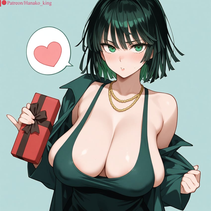 ai_generated areolae bangs bare_shoulders black_dress black_hair blue_background blush box breasts clavicle cleavage clothing dress female female female_only fubuki_(one-punch_man) gift gift_box green_dress green_eyes green_hair hair_between_eyes hanako_king heart holding holding_gift huge_breasts jacket jewelry large_breasts long_sleeves looking_at_viewer necklace off_shoulder one-punch_man open_clothes open_jacket parted_lips sagging_breasts short_hair simple_background smile solo speech_bubble spoken_heart sweatdrop upper_body valentine