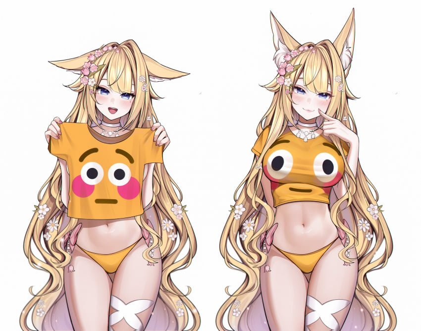 2d 2d_artwork bare_legs belly_button big_breasts blonde_female blonde_hair blue_eyes blush choker commission flower_in_hair furry furry_ears furry_female hair_ornament harunakii hourglass_figure kitsune_eve_(vtuber) long_hair looking_at_viewer necklace panties provocative pulling_shirt short_shirt slim_waist smiling_at_viewer tagme tight_clothing tight_fit twitch very_long_hair white_background