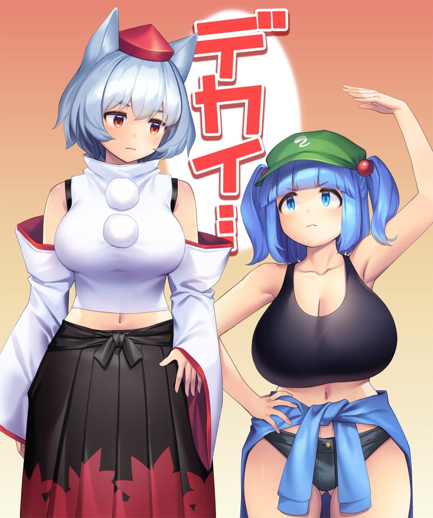 2girls big_breasts blue_eyes blue_hair breasts cap cleavage clothed_female envy hat height_difference momiji_inubashiri nitori_kawashiro red_eyes short_stack shorts shortstack tank_top tarmo tengu thick_thighs thighs touhou twintails white_hair wolf_ears wolf_girl