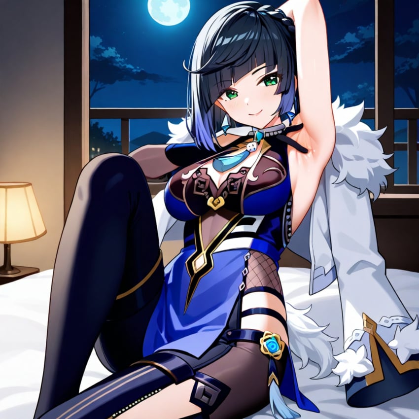 ai_generated armpit_spread armpits arms_behind_head arms_up bedroom blush genshin_impact nai_diffusion night smile spread_armpit spreading_armpit teasing_armpits yelan_(genshin_impact)