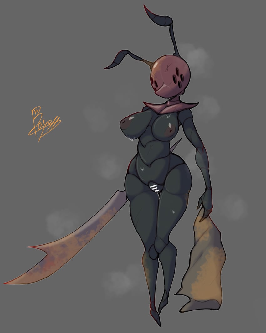 2025 4:5 absurd_res antennae_(anatomy) anthro areola armor arthropod bayonet_(artist) biped bodily_fluids breasts censor_bar female genitals god_tamer grey_background headgear helmet hi_res holding_melee_weapon holding_object holding_weapon hollow_knight melee_weapon nipples nude pussy signature simple_background solo standing sweat sweatdrop team_cherry weapon