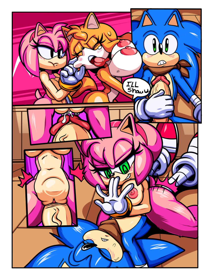 amy_rose big_breasts big_penis breasts canine cloudz comic domination exposed_torso female femdom footwear fox group group_sex handwear hedgehog huge_breasts huge_cock male mammal mostly_nude penis sex sonic_(series) sonic_boom sonic_the_hedgehog stomach_bulge superbunnygt threesome zooey_the_fox