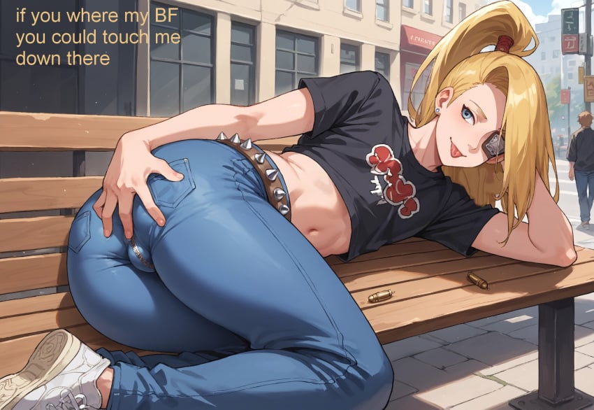 1boy ai_generated bench big_butt blonde_hair blue_eyes blush cute deidara femboy femboy_focus goth imminent_oral jeans male male_only naruto naruto_(series) penis pleasure_face punk ripped_clothing sissy sitting small_penis smaller_male smile text thighs_waist tongue_out