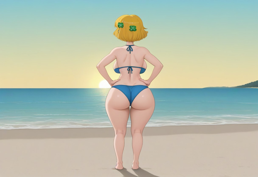 1girls ass beach big_ass big_breasts blonde_hair blue_bikini breasts disney disney_channel hand_on_hip light_skin milo_murphy's_law rear_view short_hair solo standing