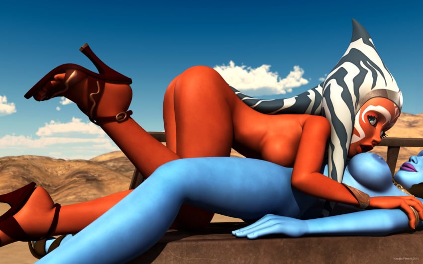 2015 2girls 3d aayla_secura ahsoka_tano alien alien_girl alternate_version_available armband artist_name bantha-ii_cargo_skiff bare_shoulders big_breasts blue_eyes blue_skin bracer breasts busty choker clone_wars closed_eyes curvy day detailed_background duo erect_nipple erect_nipples eyelashes female female_only front_view half-closed_eyes high_heels hourglass_figure humanoid interspecies jedi jedi_master kondaspeter leg_lift leg_up looking_at_viewer looking_up lying lying_on_back mammal marking multiple_females multiple_girls naked naked_footwear naked_heels nude open_mouth orange_skin outdoor outside pose posing purple_lips shadow shiny shiny_skin star_wars star_wars_rebels tatooine togruta twi'lek voluptuous wide_hips yuri