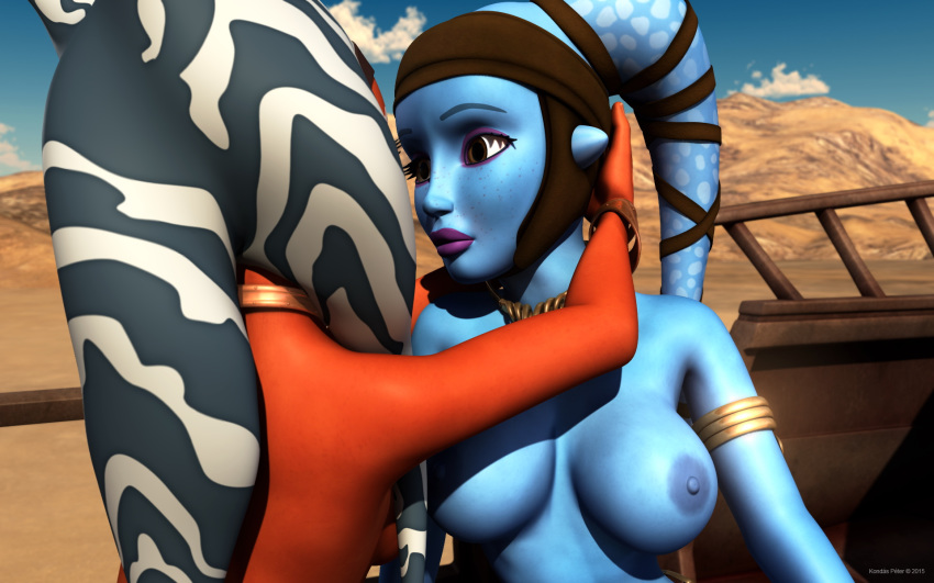 2015 2girls 3d aayla_secura ahsoka_tano alien alien_girl armband artist_name bantha-ii_cargo_skiff bare_shoulders big_breasts blue_skin bracer busty choker clone_wars curvy day detailed_background erect_nipple erect_nipples eyelashes female female_only front_view half-dressed half_dressed headgear hourglass_figure humanoid interspecies jedi kondaspeter mammal marking multiple_females multiple_girls no_bra orange_skin outdoor outside pose posing purple_lips shadow shiny shiny_skin star_wars star_wars_rebels tatooine togruta topless twi'lek voluptuous wide_hips yellow_eyes yuri