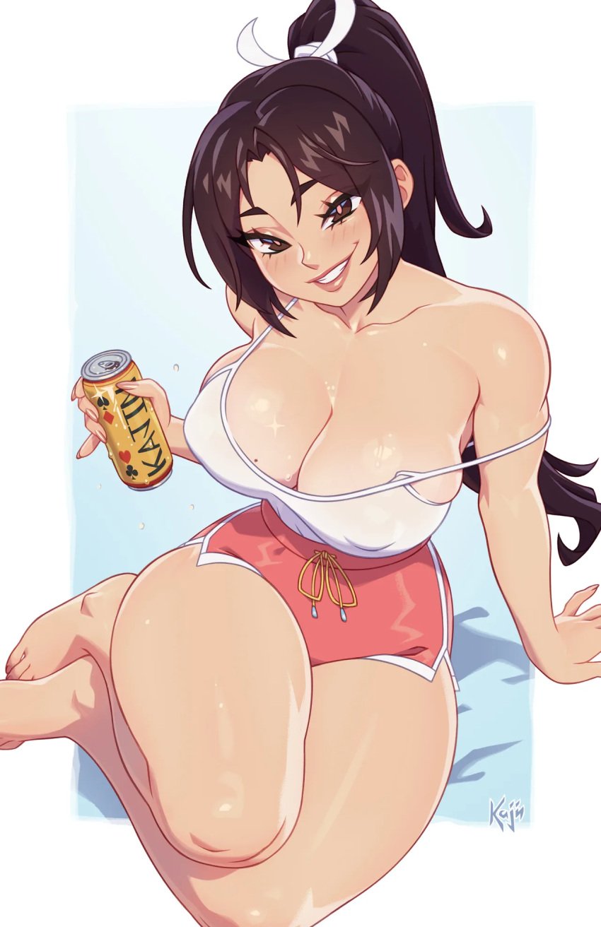 1girls alcohol alcoholic_drink alternate_costume beer beer_can big_breasts fatal_fury huge_breasts kajinman king_of_fighters large_breasts mai_shiranui pink_shorts ponytail snk street_fighter street_fighter_6 the_king_of_fighters white_shirt white_tank_top