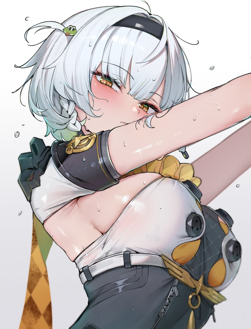 1girls anby_demara anby_demara_(silver_soldier) armpits big_breasts blush breasts looking_at_viewer short_hair sideboob soldier_0_anby_(zenless_zone_zero) solo sweat white_hair zenless_zone_zero