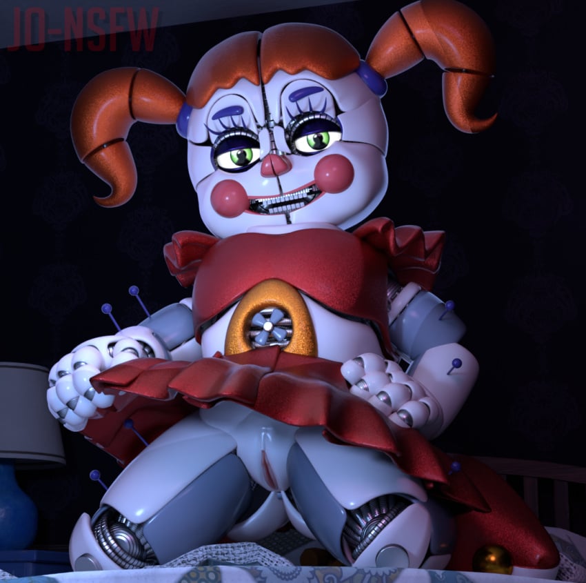 animatronic circus_baby circus_baby_(fnaf) clown clown_girl clussy five_nights_at_freddy&#039;s five_nights_at_freddy&#039;s:_sister_location fnaf joeshownsfw lifting_skirt looking_at_viewer on_bed red_hair skirt_lift solo twintails