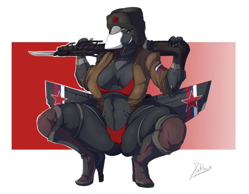 2018 aircraft anthro bayonet bikini boots breasts cameltoe clothed clothing crouching donkles female footwear gun hat high_heels holding_object holding_weapon knife living_aircraft living_machine looking_at_viewer machine ranged_weapon rifle shoes smile solo spread_legs spreading su-47 swimsuit thick_thighs underwear weapon wings