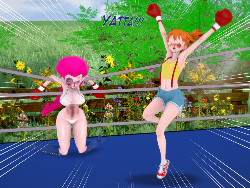 2girls 3d 3d_(artwork) big_breasts bikini blood blood_on_face bloody_nose blush boxing boxing_gloves boxing_match boxing_ring breasts bruise bruised duo female female_only fighting_ring ginger girls gloves gvg jessie_(pokemon) kasumi_(pokemon) koikatsu nintendo outdoors pokemon purple_hair red_boxing_gloves red_gloves red_hair tagme