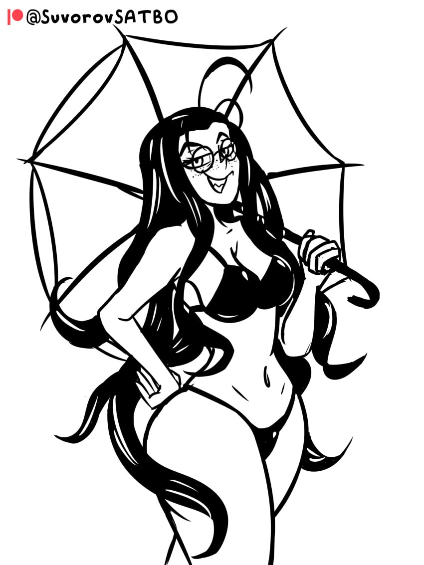 antenna_hair bikini german_female hellsing hellsing_ultimate long_hair monochrome rip_van_winkle round_glasses umbrella