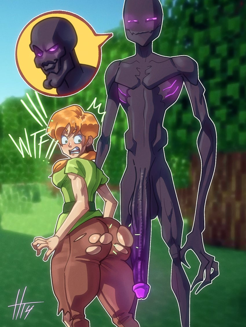 ! 1boy 1girls 1monster 2d 2d_(artwork) absurdly_large_cock alex_(minecraft) big_ass black_body blush bubble_butt clothed enderman female ginger glowing_penis hoturtle_(artist) huge_cock imminent_rape imminent_sex large_penis long_penis male minecraft off_model orange_hair penis_awe ripped_clothing ripped_pants shitpost surprised taller_male very_long_penis wtf