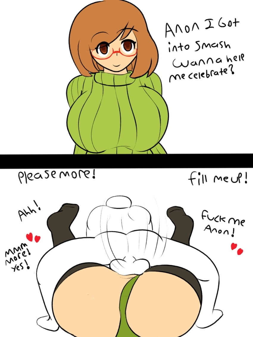 1boy 1girls anon ass balls big_ass big_breasts bottomless breasts brown_eyes brown_hair clothing erection female glasses green_panties huge_ass huge_breasts human iggy-bomb instant_loss_2koma male mating_press nikki_(swapnote) nintendo panties panties_aside partially_colored penetration penis pussy sex smile swapnote thighhighs thighs vaginal_penetration wide_hips