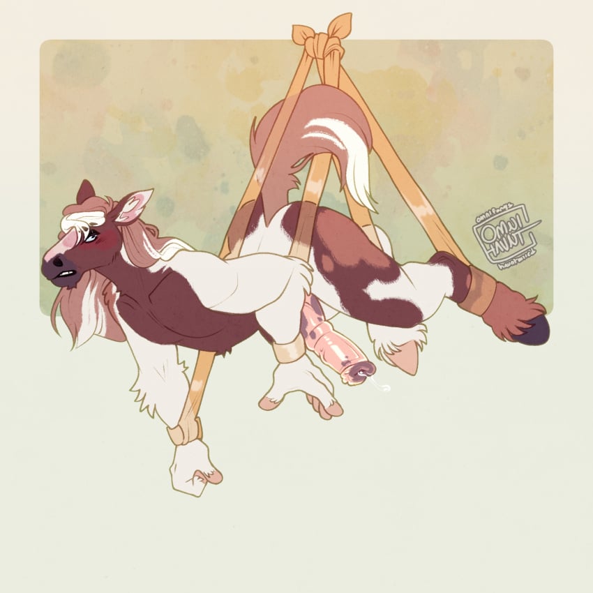 1:1 animal_genitalia animal_penis annoyed anthro arthropod_webbing bodily_fluids bondage bondage bound clydesdale draft_horse entangled equid equine equine_genitalia equine_penis fur genital_fluids genitals haunt hi_res hooves horse leaking_precum male mammal mane mottled mottled_body mottled_fur murphythehonse omni omnihaunt penis piebald piebald_body piebald_fur precum solo suspension suspension_bondage tail web_bondage