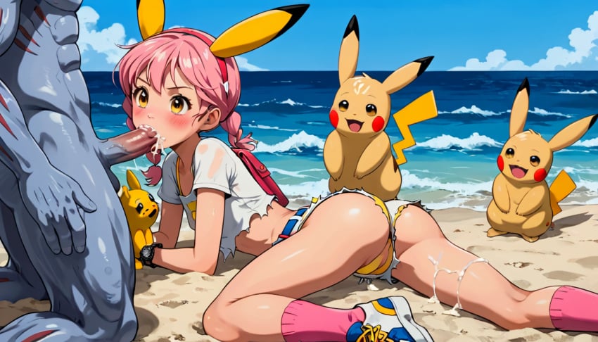 after_anal after_sex ai_generated arched_back ass ass_up beach blowjob confused confused_face confused_look confusion cum cum_in_mouth cum_inside huge_cock interspecies lost_battle_(pokemon) machoke monster monster_cock on_floor on_hands_and_knees on_knees on_the_floor oral oral_creampie oral_penetration oral_sex original_character outdoor_nudity outdoor_sex outdoors outside panties pikachu pink_clothing pink_hair pokefan_alice pokemon pokemon_(species) pokephilia public public_exposure public_indecency public_nudity public_sex ripped_clothing size_difference sneakers terror139 thong white_skin yellow_clothing yellow_eyes