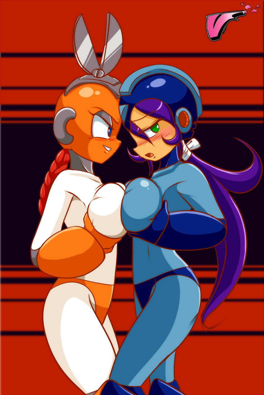 2girls armor big_breasts blue_eyes blush braid braided_hair braided_ponytail breast_frottage breast_grab breast_squeeze breasts capcom clothing cut_man embarrassed female female_only frottage grabbing green_eyes hair helmet long_hair looking_away mega_man mega_man(classic) mega_man_(character) multiple_females multiple_girls open_mouth ponytail purple_hair rock_gal rockman rule_63 scissors seductive smile squeezing standing thighs tied_hair tight_clothing vcampan video_games yuri