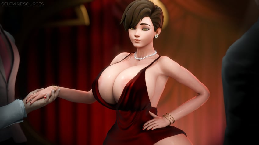 1girls 3boys 3boys1girl 3d accessory areola_slip areolae big_breasts bracelet bracelets breasts british_female brown_hair cleavage dress ear_ring earring earrings eyeliner eyeshadow female_focus formalwear_tracer holding holding_hand holding_hands huge_boobs huge_breasts large_breasts lena_oxton light-skinned_female lips makeup massive_breasts multiple_boys nail_polish necklace nipples_visible_through_clothing overwatch overwatch_2 pearl_necklace red_nail_polish red_nails ring selfmindsources short_hair skimpy skimpy_clothes skimpy_dress suit suit_and_tie surrounded surrounded_by_men tomboy tracer unimpressed yellow_eyes