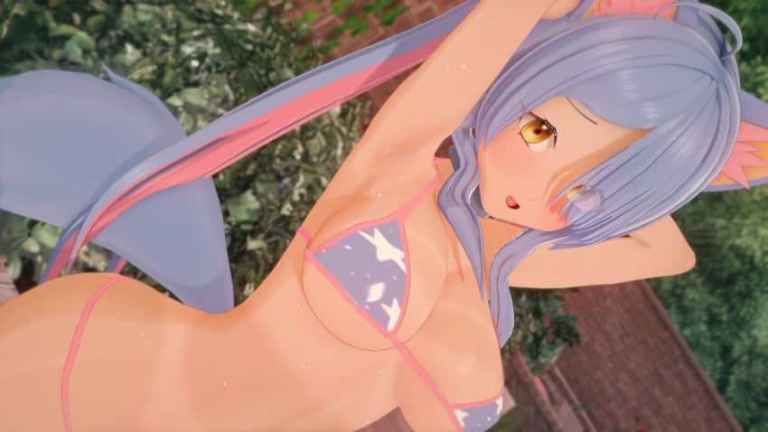 1girls 2022 3d ahoge armpits arms_up ass big_ass big_breasts bikini blue_hair blush breasts brick_wall cat_ears cat_tail catgirl deluxe_rosie eyes_visible_through_hair female female_only hands_behind_head indie_virtual_youtuber long_hair looking_at_viewer multicolored_hair open_mouth outdoors pink_hair rosie_(vtuber) smile solo solo_female standing string_bikini sweat sweating tail tan-skinned_female tan_body tan_skin tongue twintails virtual_youtuber yellow_eyes