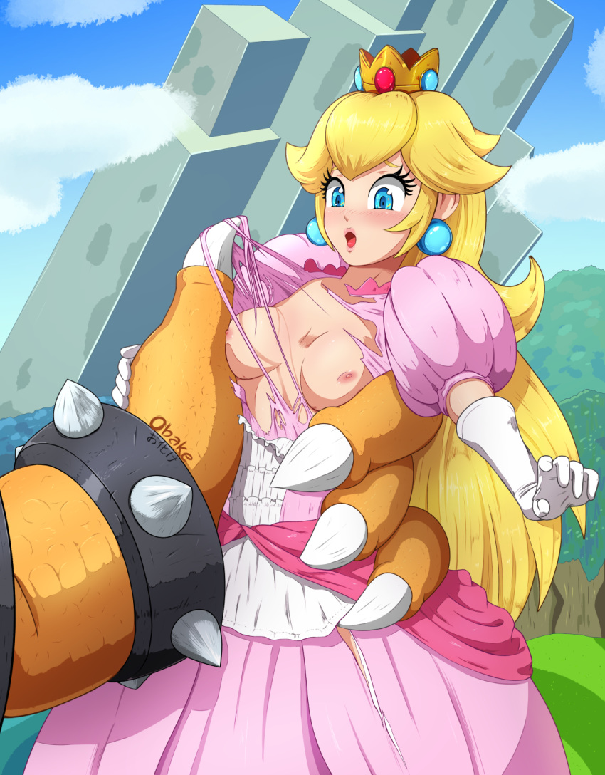 1boy 1girls 1monster anthro areolae blonde_hair blue_eyes bowser bracelet breasts claws clothing crown dragon dress duo earrings elbow_gloves exposed_breasts faceless_male female female_focus forced_exposure gloves hair held_up human human_on_anthro imminent_rape larger_male long_dress long_hair male mario_(series) medium_breasts nintendo nipples no_bra obakeart open_mouth outdoors pink_dress plains princess princess_peach royalty scalie scared signature size_difference smaller_female spiked_bracelet straight super_mario_bros. tearing_clothes torn_clothes torso_grab unseen_male_face very_long_hair white_gloves wide_eyed you_gonna_get_raped