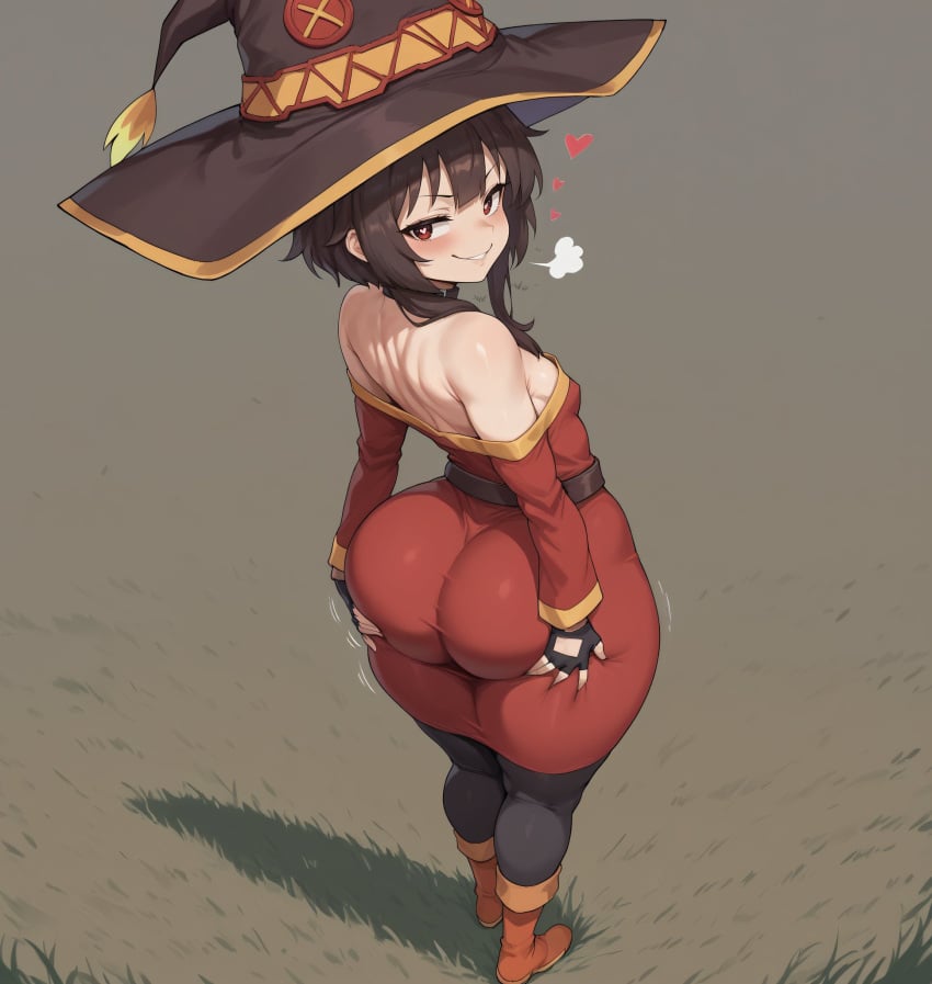 ai_generated ass_grab back_view bare_thighs big_ass big_butt black_hair dat_ass fat_ass gigantic_ass huge_thighs kono_subarashii_sekai_ni_shukufuku_wo! light-skinned_female light_skin looking_back massive_ass megumin red_eyes short_hair small_breasts smiling smogai solo_female squatting sweat sweatdrop thick_thighs thighs voluptuous voluptuous_female witch_hat