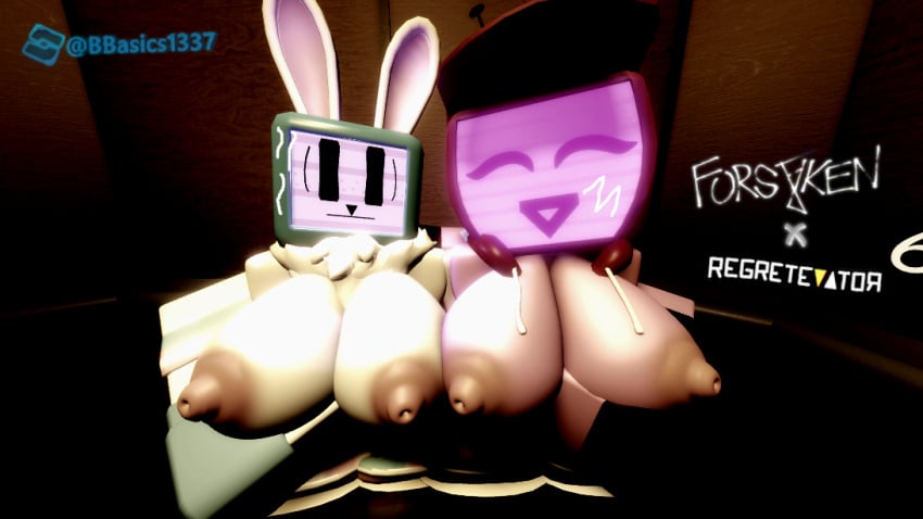 2girls 3d big_breasts breasts bunny_ears cap crossover elevator female forsaken_(roblox) fur gloves happy ktiiejiju_(artist) melanie_(regretevator) nipples pink_body pose regretevator roblox roblox_game robloxian self_upload tv tv_head veeronica watermark white_body