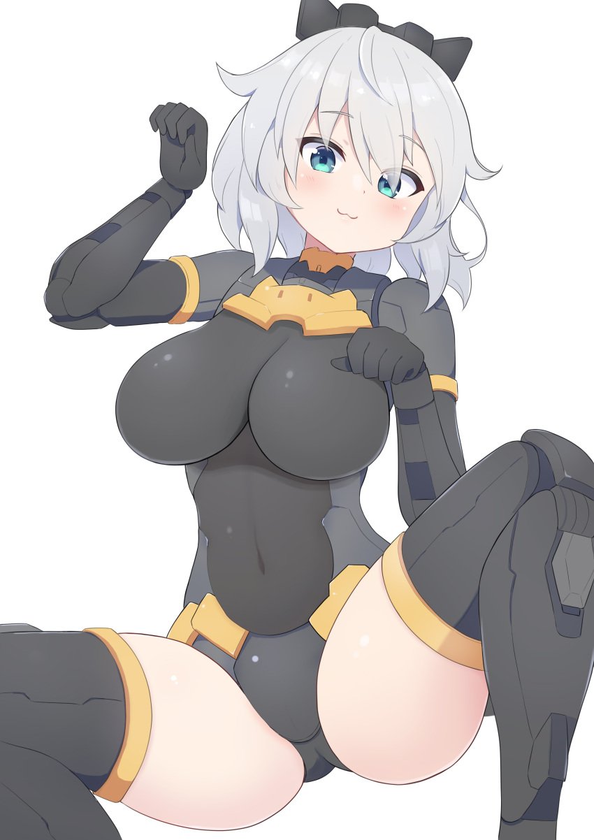 1girls 30_minutes_sisters alternate_version_available big_breasts blush cat_pose eyebrows eyebrows_visible_through_hair female female_focus female_only joints large_breasts looking_at_viewer rishetta_(30ms) short_hair solo subten teal_eyes thick_thighs white_hair